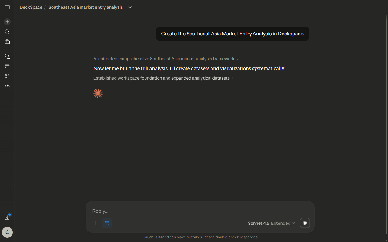 Asking Claude to create a Southeast Asia Market Entry Analysis in Deckspace