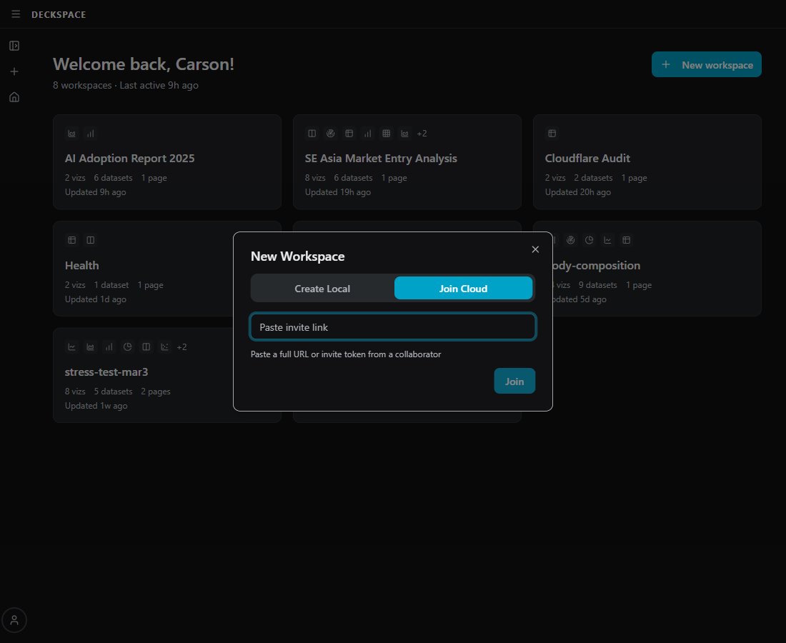 Sharing a Deckspace workspace by pasting an invite link to join as a collaborator